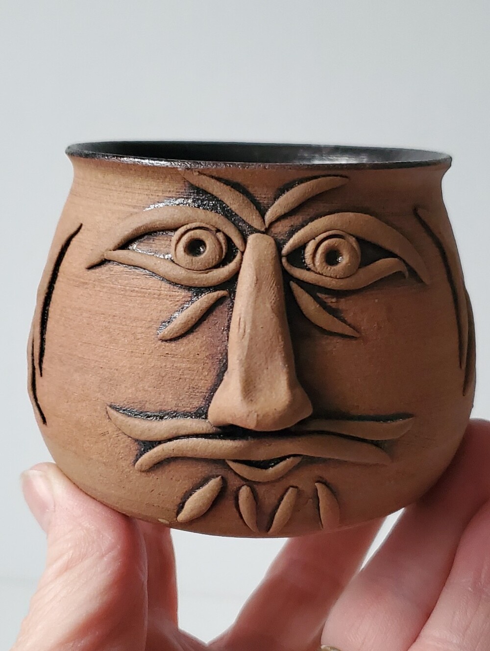 Vintage Studio Pottery Face Mug Terracotta Folk Art Chop Mark Signed